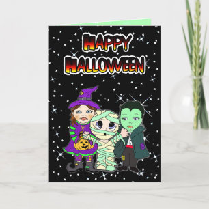 Happy Halloween Kind Witch, Mummy en Vampire Kaart