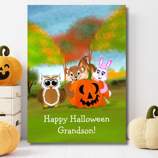 Happy Halloween kleinzoon Chipmunk, Konijn & Uil Kaart