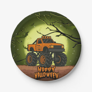 Happy Halloween Monster Truck met vleermuizen en m Papieren Bordje