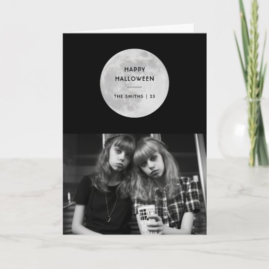 Happy Halloween Moon Bats Zwart & Wit Custom Feestdagen Kaart (Voorkant)