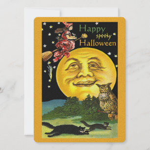  Happy Halloween Moon, heks, owl en katten Kaart