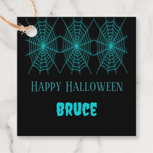 Happy Halloween neon blauw spinnenweb zwart Bedankjes Labels (Voorkant)