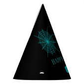 Happy Halloween neon blauw spinnenweb zwart Feesthoedjes (Links)