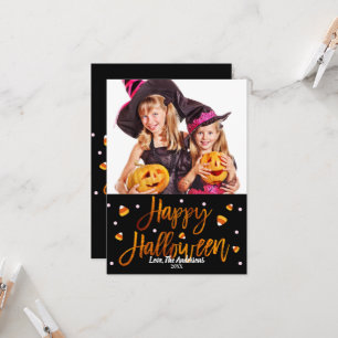 Happy Halloween Oranje Foil Modern Script Foto Kaart