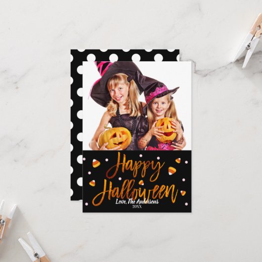 Happy Halloween Oranje Folie Modern Script Foto Kaart (Voorkant / Achterkant in situ)