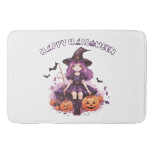 Happy Halloween Paarse heks pompoenen & vleermuize Badmat