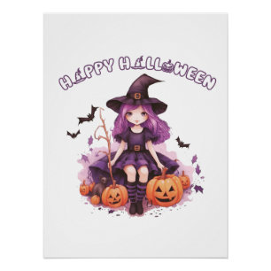 Happy Halloween Paarse heks pompoenen & vleermuize Perfect Poster