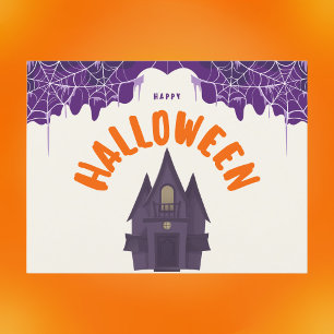Happy Halloween Paarse spookhuis Spider Web Feestdagenkaart