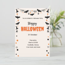 Happy Halloween Party Invitation with Bats, Stars 