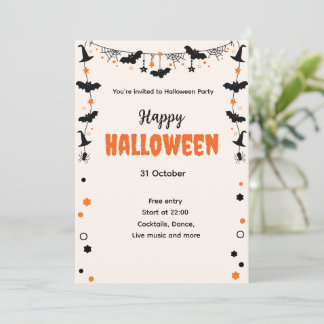 Happy Halloween Party Invitation with Bats, Stars  Kaart