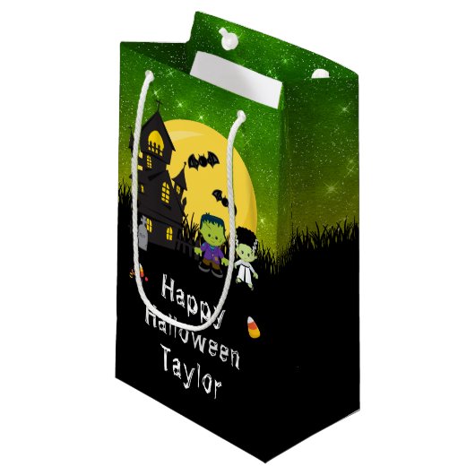 Happy Halloween Party Monsters Green Klein Cadeauzakje (Voorkant Gekanteld)