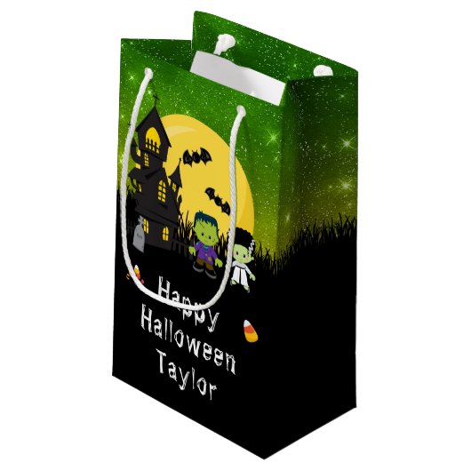 Happy Halloween Party Monsters Green Klein Cadeauzakje (Achterkant Gekanteld)