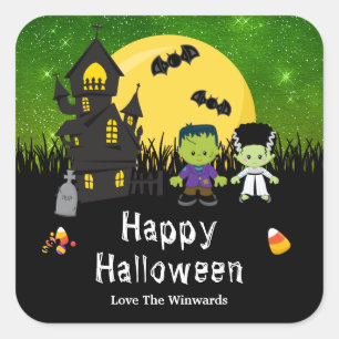 Happy Halloween Party Monsters Green Vierkante Sticker