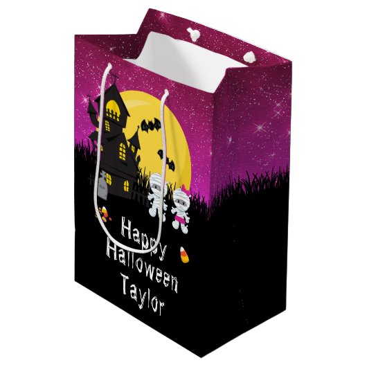 Happy Halloween Party Mummy Dark Pink Medium Cadeauzakje (Voorkant Gekanteld)