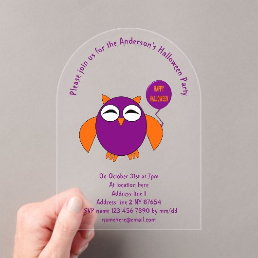 Happy Halloween Party Owl Custom Acryl Uitnodigingen (Insitu (Draagbaar))