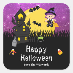 Happy Halloween Party Witch Paars Vierkante Sticker