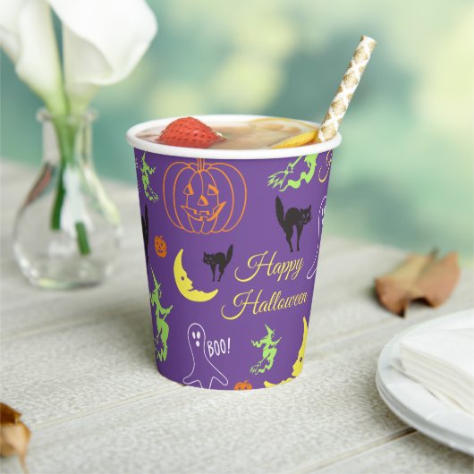 Happy Halloween Pattern Paars Papieren Bekers (Insitu)