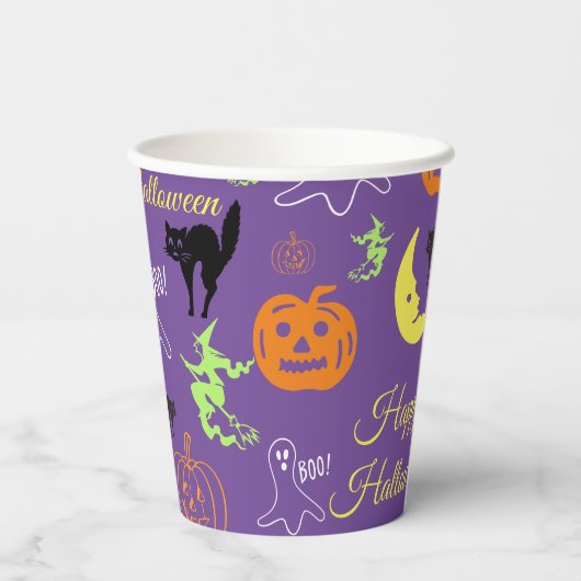 Happy Halloween Pattern Paars Papieren Bekers (Achterkant)