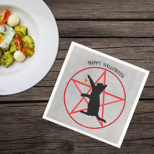 Happy Halloween Pentagram Zwarte Kat Ster op Grijs Servet