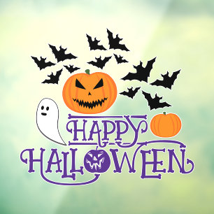 Happy Halloween pompoenen spook vleermuizen paarse Raamsticker