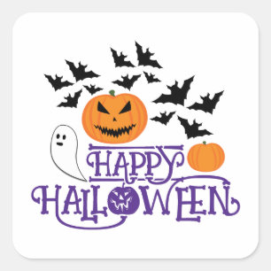 Happy Halloween pompoenen spook vleermuizen paarse Vierkante Sticker