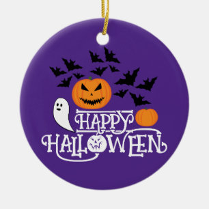 Happy Halloween pompoenen spook vleermuizen tekst Keramisch Ornament