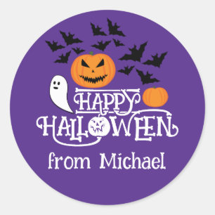 Happy Halloween pompoenen spook vleermuizen tekst  Ronde Sticker