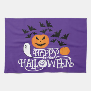 Happy Halloween pompoenen spook vleermuizen tekst Theedoek