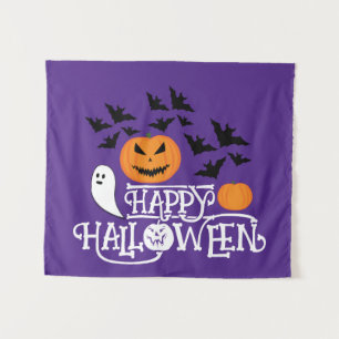 Happy Halloween pompoenen spook vleermuizen tekst Wandkleed