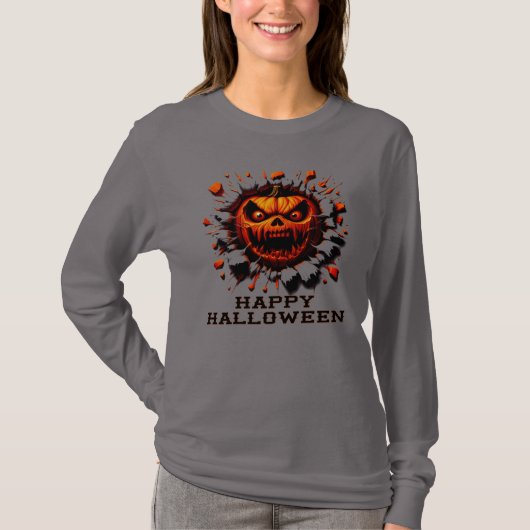 Happy Halloween Pumpkin Smashing Through T-Shirt (Voorkant)