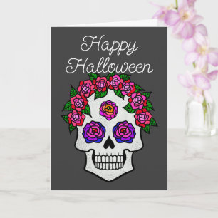 Happy Halloween Rainbow Skull met Rozen Kaart