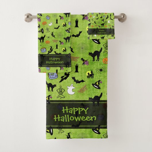 Happy Halloween Random Iconic Pattern Green BG Bad Handdoek (Insitu)