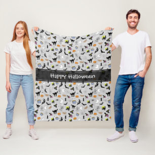 Happy Halloween Random Iconic Pattern Grey Fleece Deken