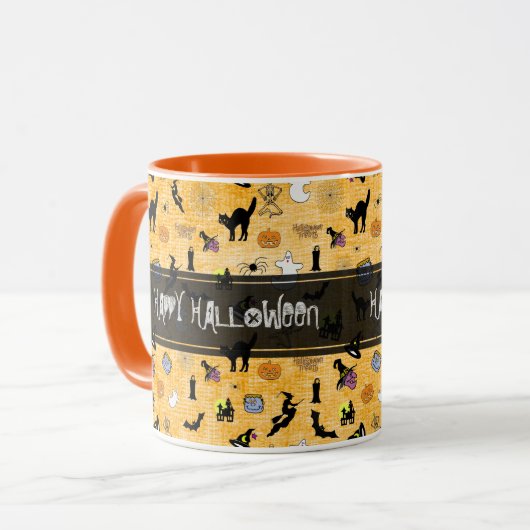 "Happy Halloween" Random Iconic Pattern Sinaasappe Mok (Voorkant links)