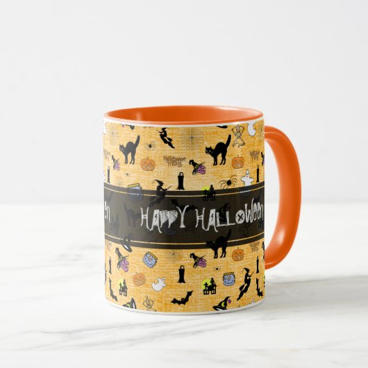 "Happy Halloween" Random Iconic Pattern Sinaasappe Mok (Voorkant rechts)