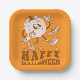 Happy Halloween  Retro Polka Dot Pumpkin Papieren Bordje