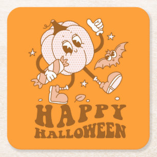 Happy Halloween  Retro Polka Dot Pumpkin Vierkante Kartonnen Onderzetter