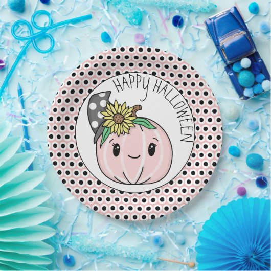 Happy Halloween | Roze pompoen en pooldots Papieren Bordje (Feest)
