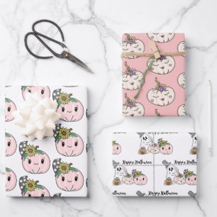 Happy Halloween   Roze pompoenen en zonnebloemen Inpakpapier Vel