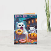 Happy Halloween -Schattig Kitten en Spook eten Don Notitiekaartje (Voorkant)