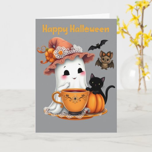 Happy Halloween Schattige Ghost, Cat, Bat Kaart (Gele Bloem)