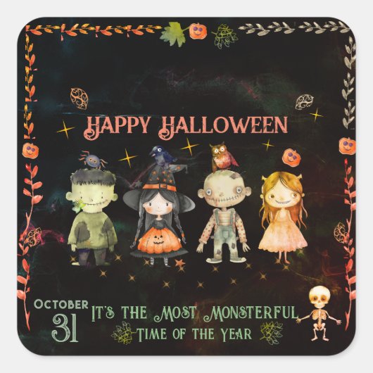 Happy Halloween Schattige Monsters Party Vierkante Sticker (Voorkant)