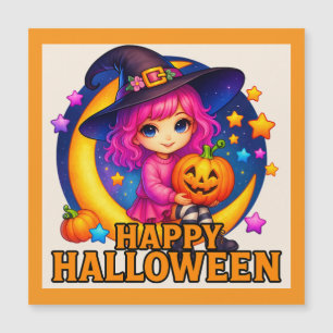 Happy Halloween Schattigee Moon Witch Magnet Kaart