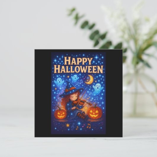 Happy Halloween Schattigee Musical Witch Greetings Kaart (Staand voorkant)