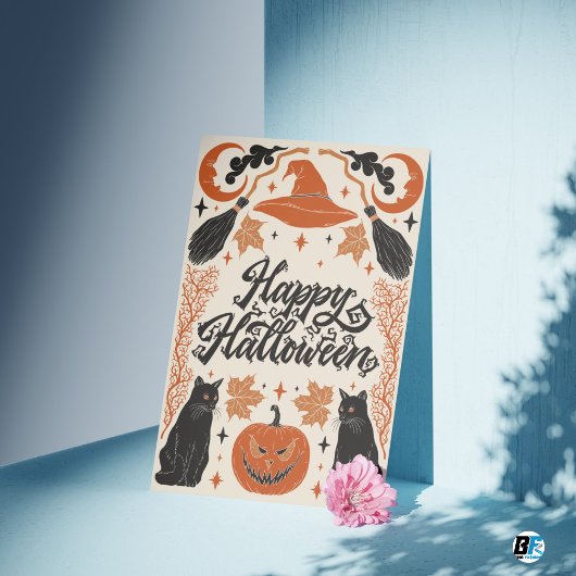 Happy Halloween Sinaasappel Black Retro Briefkaart