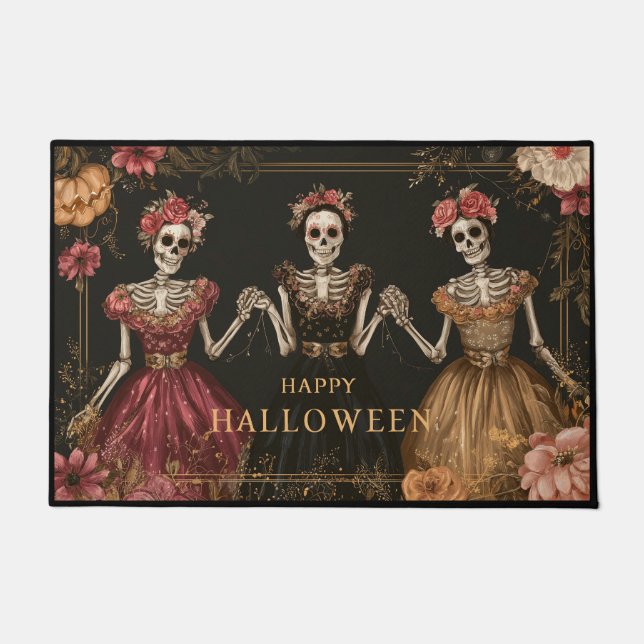 Happy Halloween Skeleton Dancers with Flowers Deurmat (Voorkant)