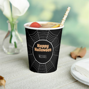 Happy Halloween Spider web Zwart-wit w name Papieren Bekers