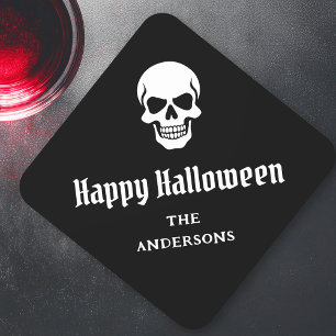 Happy Halloween spookachtige schedel aangepaste na Vierkante Kartonnen Onderzetter