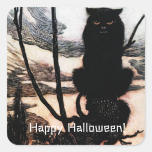 Happy Halloween Spooky Cat Arthur Rackham Vierkante Sticker