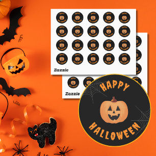 Happy Halloween Stickers Black & Orange Round